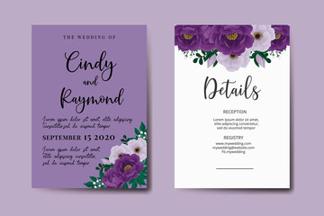 Modern Wedding invitation frame set, floral watercolor Digital hand drawn Purple Peony Flower design Invitation Card Template