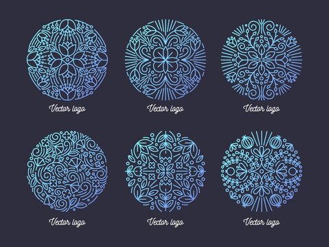 Collection of circular Arabic motifs drawn with contour lines. Bundle of elegant mandalas or decorative design elements isolated on black background. Vector illustration in lineart style for logo.