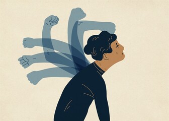 Translucent ghostly hands beating man. Concept of psychological self-flagellation, self-punishment, self-abasement, self-harm guilt feeling. Colorful vector illustration in modern flat style. - obrazy, fototapety, plakaty