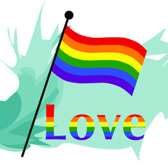 A unique vector illustration of the pride of the LGBT community. The inscription Love, a flag in the colors of the LGBT rainbow, located on abstract brush strokes. Isolated white background. T-shirt 