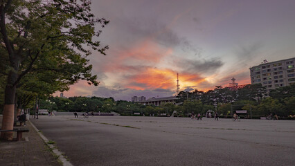 Obraz premium sunset scenery in seoul (Yeouido Park)