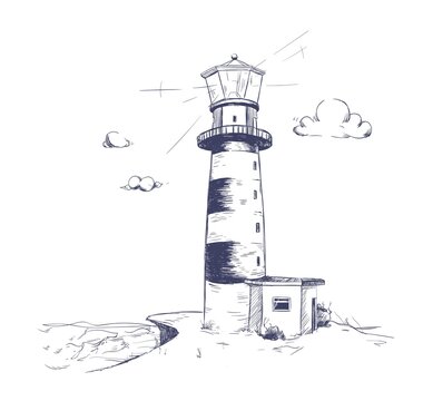 Freehand drawing of beautiful seaside landscape with lighthouse standing on rock cliff or seashore with sea and cloudy sky on background. Monochrome vector illustration hand drawn in vintage style.