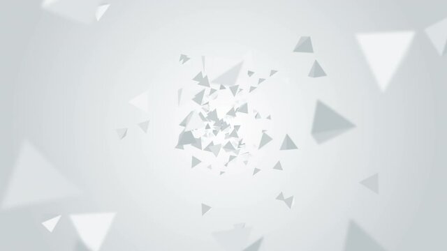 Many pyramid shapes floating in air on white background. Business concept. Symbol of digital technology. 3D loop animation.