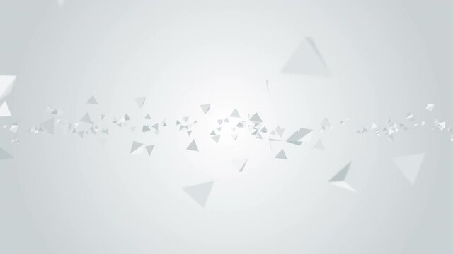 Many pyramid shapes floating in air on white background. Business concept. Symbol of digital technology. 3D loop animation.
