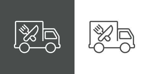 Food truck. Comida rápida. Logotipo con silueta de vehículo con tenedor y cuchillo cruzados con lineas en fondo gris y fondo blanco © teracreonte