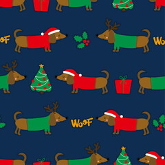 Cute christmas dachshund pattern - Adorable sausage dog characters. Hand drawn doodle set for kids. Good for textiles, nursery, wallpaper, clothes. Woof words. Christmas gift wrapping paper.