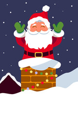Santa Claus on the roof. Santa with a gift bag full of real boxes, candy cane, holly berries and toys ends up in the chimney. Winter holiday festive poster design. Merry Christmas greeting cards