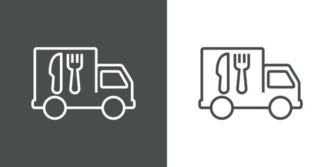 Food truck. Comida rápida. Logotipo con silueta de vehículo con tenedor y cuchillo con lineas en fondo gris y fondo blanco