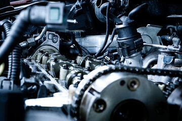 Fototapeta premium Car service auto. Automotive repair in garage workshop. Mechanic engine vehicle diagnostic. Technician maintenance.