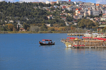 Fototapeta na wymiar Istanbul, Turkey - October 04, 2021 : View of boaters on the Golden Horn gulf in Istanbul