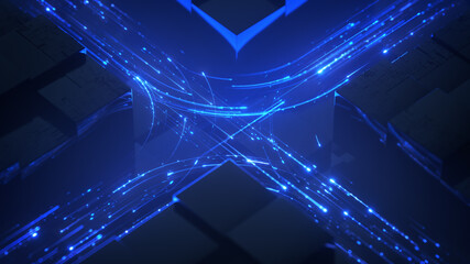 Digital data blue flow 3D rendering