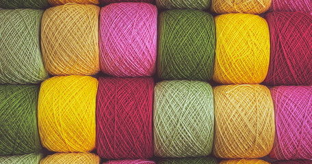 Close Up of yarn balls. Rainbow colors. Yarn for knitting. Skeins of yarn. Knitting needles, colorful threads. Knitting background, Knitting yarn for handmade winter clothes.
