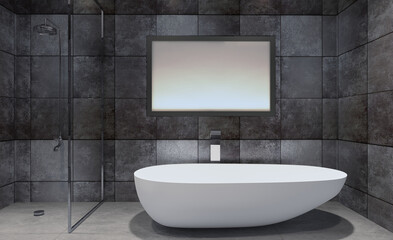 Fototapeta na wymiar Spacious bathroom in gray tones with heated floors, freestanding tub. 3D rendering.. Blank paintings. Mockup.