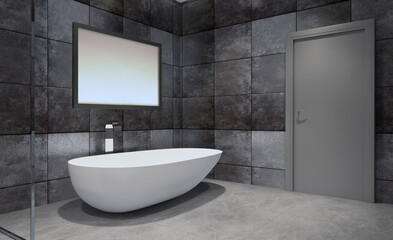 Scandinavian bathroom, classic  vintage interior design. 3D rendering.. Blank paintings.  Mockup.