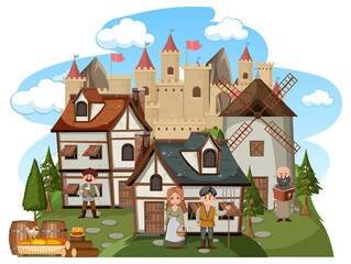 Medieval village with villagers on white background