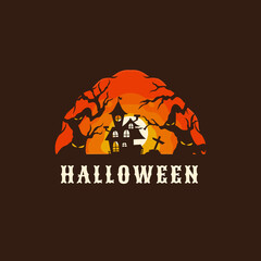 house and dry tree halloween spooky logo design template