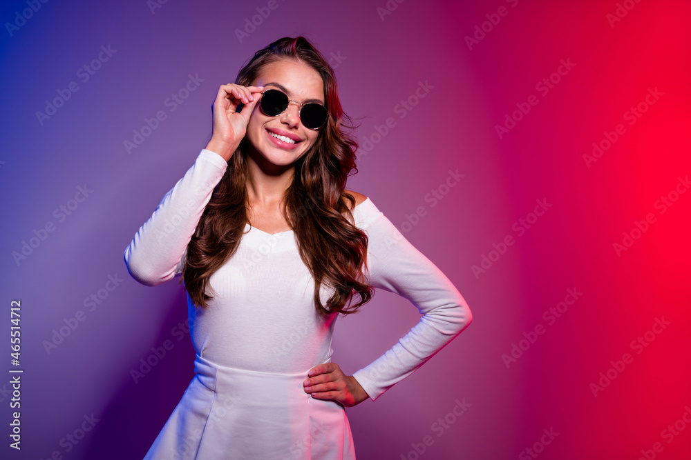 Canvas Prints Photo of positive lovely lady enjoy retrowave dream wear sunglass shirt isolated neon gradient color background