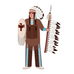 American Indian man wearing war bonnet and traditional clothes and holding spear and shield. Native peoples of America. Male cartoon character isolated on white background. Vector illustration. - obrazy, fototapety, plakaty