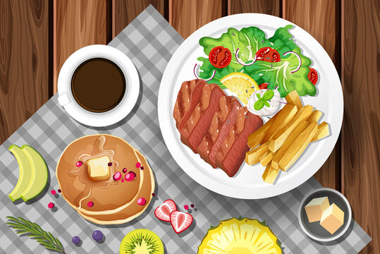 Steak with coffee and pancake on the table