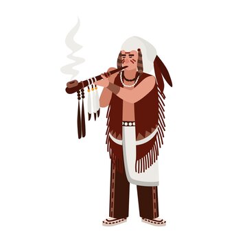 American Indian man wearing traditional clothes smoking ceremonial pipe decorated by feathers. Tribal or clan chief. Native peoples of America. Male cartoon character. Flat vector illustration.