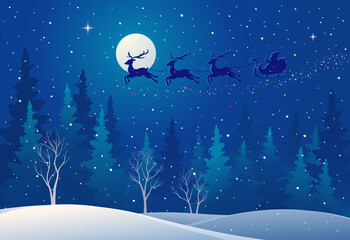 Vector illustration of Santa Claus sleigh flying above forest, dark blue Christmas card background