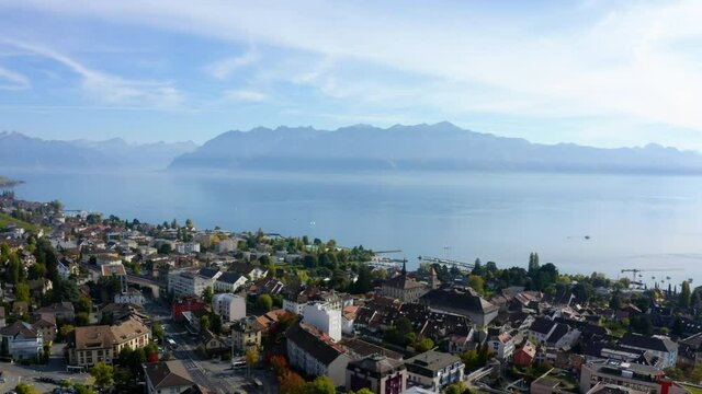 Aerial Overview Of Pully Town Center And Lake Leman In The Canton Of Vaud In Switzerland.