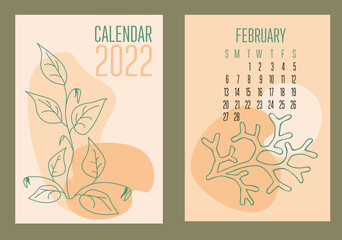  Vector vertical calendar 2022 with abstract sapes and plants in trendy contemporary collage style. Week starts on Sunday. Cover and page February in size A3, A4, A5. Design in pastel colors. - obrazy, fototapety, plakaty