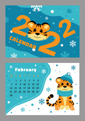 Vector horizontal calendar 2022 with symbol of the year tiger. Cute funny character little tiger. Week starts on Monday. A set of page February and cover in size A3, A4, A5. Colorful design. EPS10.