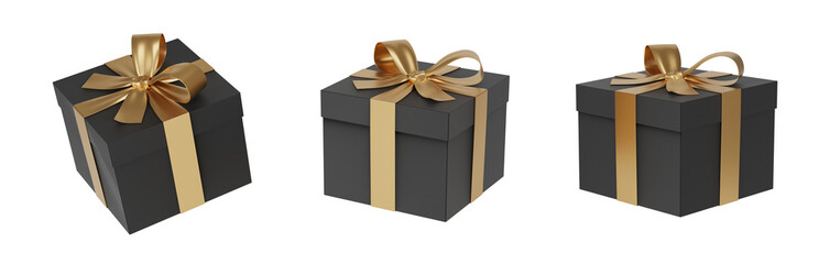 Christmas gift black box tied with gold ribbon. Birthday gift box on white background. Happy celebration present. Black firday week gift box set. 3D rendering