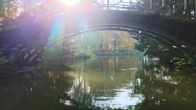 Scenic view of misty autumn landscape with beautiful old bridge the garden with red maple foliage.