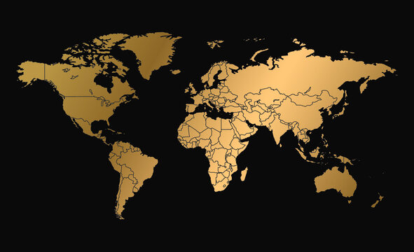 World Map Vector, Isolated On Black Background. Flat Gradient Earth, Map Template For Website Pattern, Annual Report, Infographics. Travel Worldwide, Map Silhouette Backdrop.