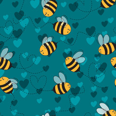 Seamless pattern with bees and hearts on color background. Small wasp. Vector illustration. Adorable cartoon character. Template design for invitation, cards, textile, fabric. Doodle style.