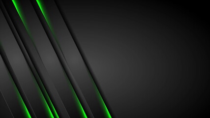Abstract black stripes with green neon glowing light