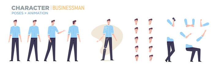 businessman character for animation. Creation set with various views, face emotions, poses and gestures.