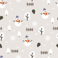 Beautiful seamless cute winter pattern with snowman vector