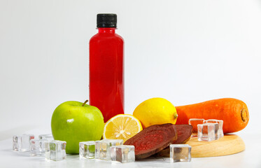 Cool fresh nourishment beverage as clean organic juice for healthy, elixir drink cuisine extract from natural ingredient of apple, lemon, beetroot, carrot from vegan market