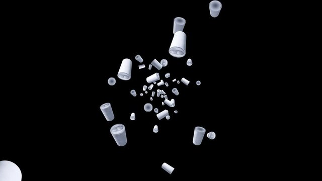 Many cans floating in air on black background. No label beverage cans. Food and drink concept. 3D loop animation.