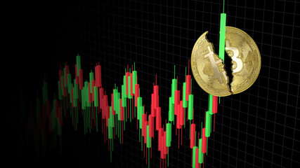 Digital currency Bitcoin breaks by a new all time high in the crypto currency markets. A growing crypto currency chart is visible in the background. 3D Rendering