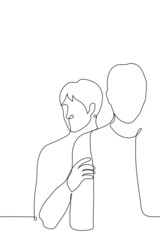 man hiding behind a taller man holding his shoulders - one line drawing vector. the concept of hiding behind someone's back, being shy in the company of strangers