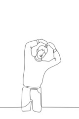 man stands smiling with his hands folded in the shape of a heart above his head - one line drawing. the Korean gesture is 