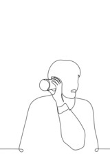 man put a cup to his ear his mouth is open in surprise - one line drawing vector. eavesdropping concept