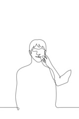young man stands smiling who pinched his cheek - one line drawing. the concept of affection, expression of delight in someone's cheeks and beauty