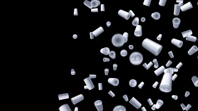 Many cans floating in air on black background. No label beverage cans. Food and drink concept. 3D loop animation.