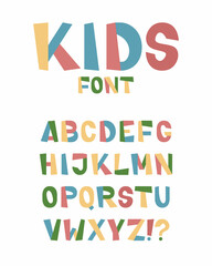 Kids colorful font. A set of bold, uneven, playful letters for packages, leaflets, logos, headings, fashion design, postcards. Vector cartoon font.