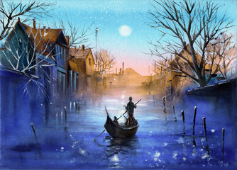 Watercolor illustration of a gondola with a gondolier sailing along the canal of an old town at dusk, with houses on either side and highlights from the moon reflected in the water - obrazy, fototapety, plakaty