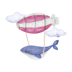 Watercolor cute fantasy whales set. Fairytale Illustration on white background, perfect for pattern, print, fabric, greeting card, wedding invitation, scrapbooking