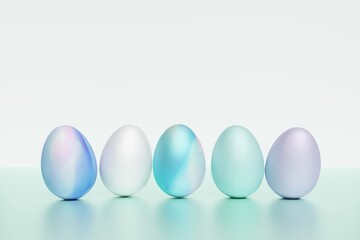 3d render of pastel blue easter eggs on a mint green background