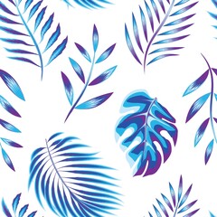 colorful tropical seamless pattern with sky blue palm leaf, fern and monstera plant leaves on white background. fashionable print texture. for shirt cloth or textile. Exotic Summer
