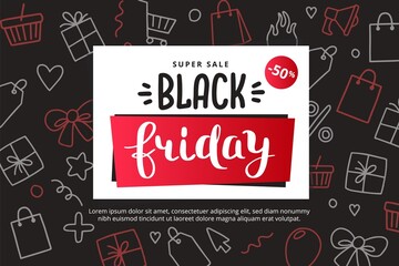 Black friday banner template with doodle elements, vector illustration