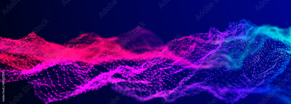 Poster Futuristic wave on dark background. Colored pattern of connection dots and lines. Technology Banner. 3D Widescreen